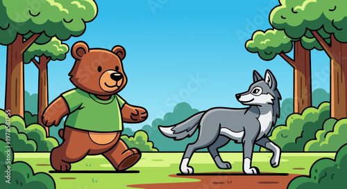 Bear and wolf stroll together on forest path illustration