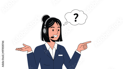 Helpful female customer support agent with a headset looks confused with a question mark thought bubble over her head.