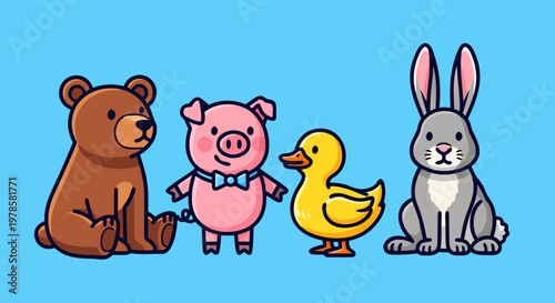 Four cheerful cartoon animals posing together on bright sky blue background illustration