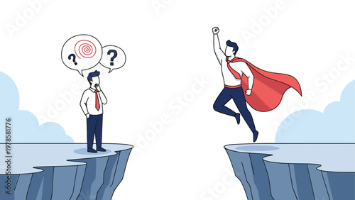 Comparison of a confused businessman standing on a cliff edge and a superhero jumping across a gap to reach a new height.
