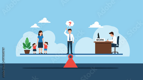 Work and life balance concept showing a man standing on a seesaw between his family and a desk with a computer and work sign.