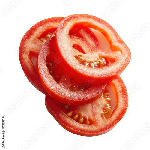 Three perfectly sliced tomato rings, vibrant red, against [Transparent Background PNG].