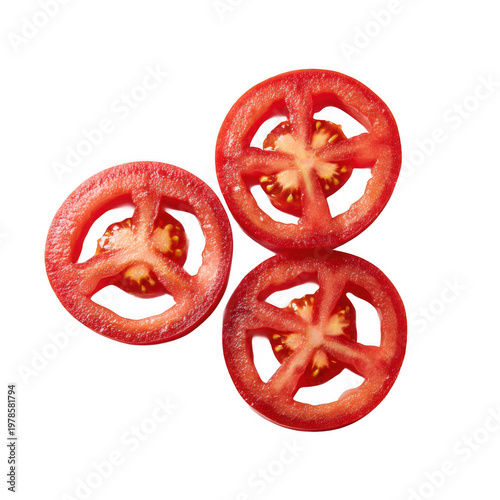 Three perfectly sliced tomato rings, vibrant red, against [Transparent Background PNG].