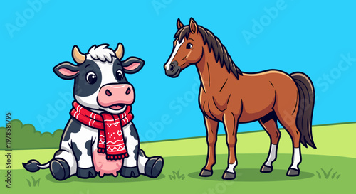 Cheerful cow and horse cartoon friends enjoy sunny meadow landscape illustration