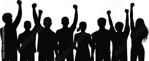 Silhouette of diverse people raising fists in unity, protest and empowerment concept, teamwork strength, social movement, victory and solidarity isolated on white background
