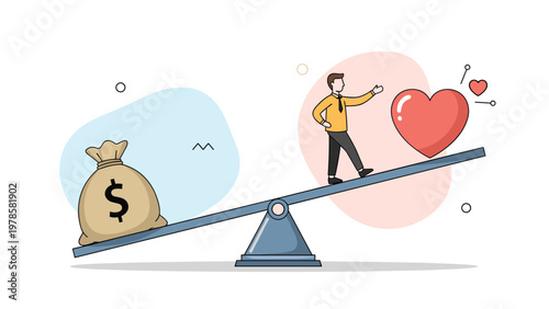 Professional man walks along a balance scale towards a giant red heart while leaving a heavy money bag on the other side.