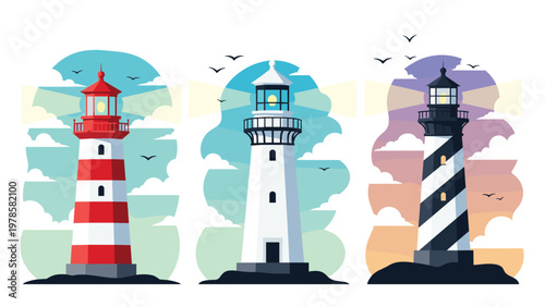 Vector illustration of three lighthouses with different color patterns standing against a scenic cloudy sky and ocean horizon.