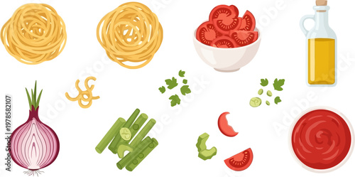Pasta and Fresh Vegetable Ingredients Vector Set with Spaghetti, Tomato Sauce, Olive Oil, Onion, Celery, and Herbs in Flat Cartoon Style