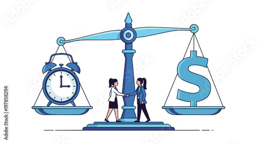 Businesswomen shaking hands in front of large scales balancing time and money representing work-life balance and negotiation.