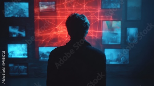 Silhouette of an AI Agent Analyzing Visual Data in a High-Tech Environment with Red and Blue Lights