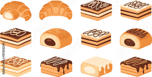 Pastry Collection with Croissants, Chocolate Rolls, and Cream Filled Treats – Vector Illustration Set