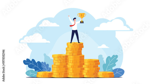 Successful businessman standing on top of tall golden coin stacks and holding a winner trophy against a blue cloudy sky.