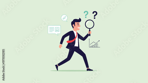 Motivated businessman running with a magnifying glass while searching for answers and solutions among various question marks.