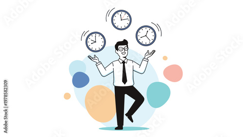 Businessman multitasking and managing his schedule while juggling three different clocks representing time management and pressure.