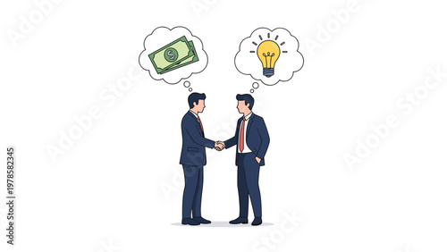 Two businessmen shaking hands as a sign of agreement with thought bubbles representing ideas and financial investment.