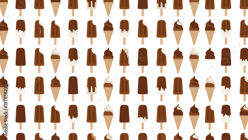 Seamless pattern featuring a variety of chocolate ice cream popsicles and cones with bites taken out of some treats.