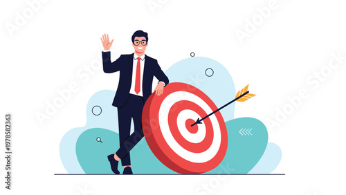 Successful businessman in a suit waving while leaning on a giant red target with an arrow hit directly in the center bullseye.