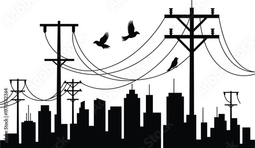 Urban power lines silhouette with birds over city skyline, electricity infrastructure concept, industrial cables and poles against modern metropolitan background illustration
