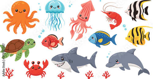Photography Playful Set of Hand-Drawn Ocean Animals Including Octopus, Jellyfish, Shark, Tur