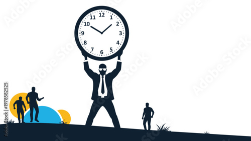 Silhouette of a businessman in a suit holding a giant wall clock above his head representing the burden of time management.
