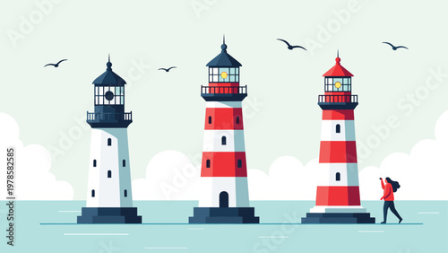 Three differently colored lighthouses on the coastline with a person in the distance taking a photo of the ocean view.