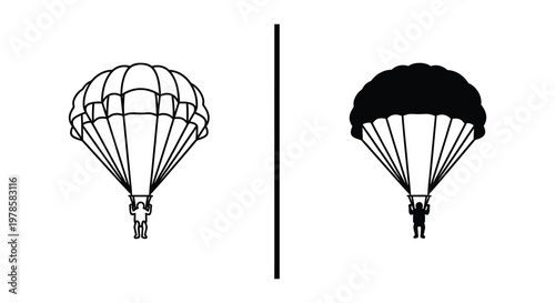 Two parachute depictions one detailed one a stark black silhouette
