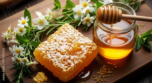 Honey and honeycomb with flowers on wooden board.
