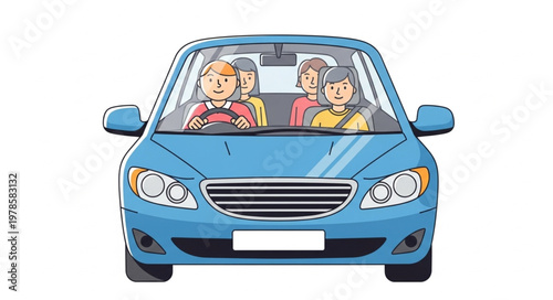 Family driving in a blue car on a sunny day.