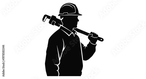 A construction worker carrying a wrench over his shoulder silhouette