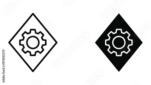 Dual contrasting gear icons within diamond shapes