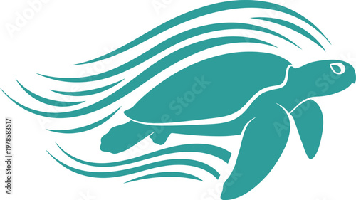 Minimalist vector icon sea turtle swimming through abstract ocean wave lines clean teal single color modern marine life motion symbol design