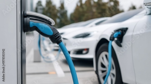 Electric Vehicle Charging Station with Modern Cars Connected via Charging Cables in Outdoor Setting
