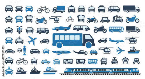 Collection of various transportation vehicles and modes of transport.