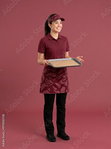 Smiling woman holding a serving tray in a studio setting.