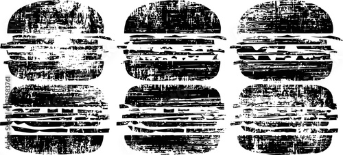 Grunge burgers silhouettes set six distressed hamburger shapes with buns and layers