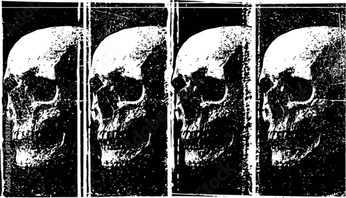 grunge skull artwork repeated four times in black and white design
