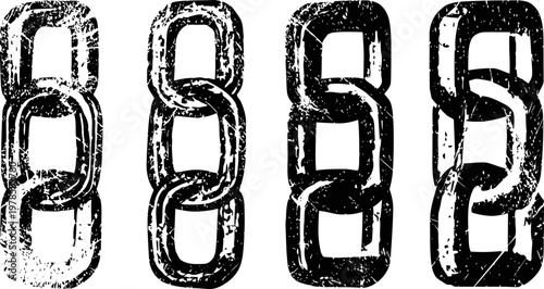 Grunge chains set with distressed texture interlinked chain links in black silhouette industrial, vintage design elements