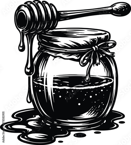 Golden Honey Jar with Dripping Dipper Vintage Ink Illustration.