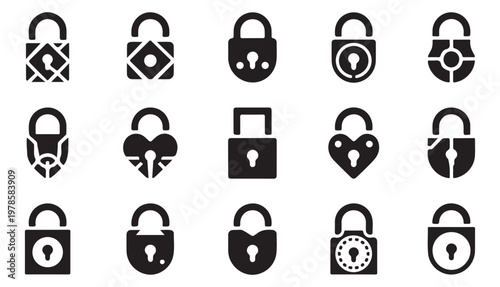 Collection of various padlock and lock icons in black on white background