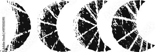 Grunge black crescent and circular shapes with cracked texture, distressed abstract design elements