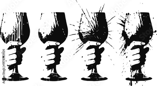 Breaking wine glass set held by hand with liquid splash and glass shards in dynamic sequence