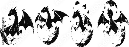 Black dragon hatching from egg set mythical creature birth sequence with cracked shell and spreading wings