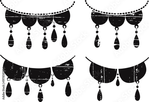 set of black vintage jewelry pendants with teardrop beads and semicircular bases