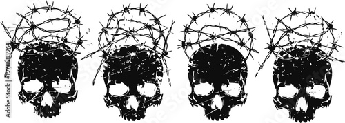 Black skulls with thorny crown set isolated on white background gothic horror spooky design element with barbed wire wreath