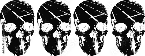 grunge black skulls with diagonal stripes pattern, spooky halloween design in row