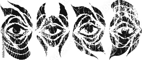 Abstract black and white textured face art with eye detail, grunge style, fragmented portrait design
