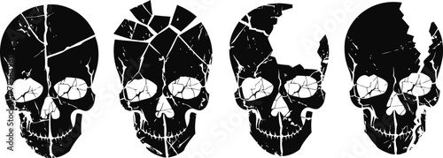 sequential illustration of a cracked black skull gradually breaking apart in stages on white background