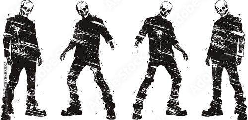 grunge silhouette of a male zombie walking in various poses, horror undead undead character set
