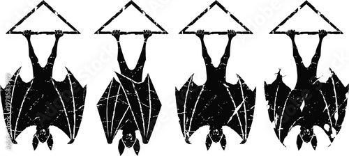 Four hanging bats silhouetted against white background bat wings folded and spread in dark shapes wildlife nocturnal mammals illustration