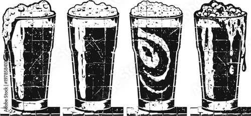 four artistic beer glasses illustrations with foam in different styles and designs